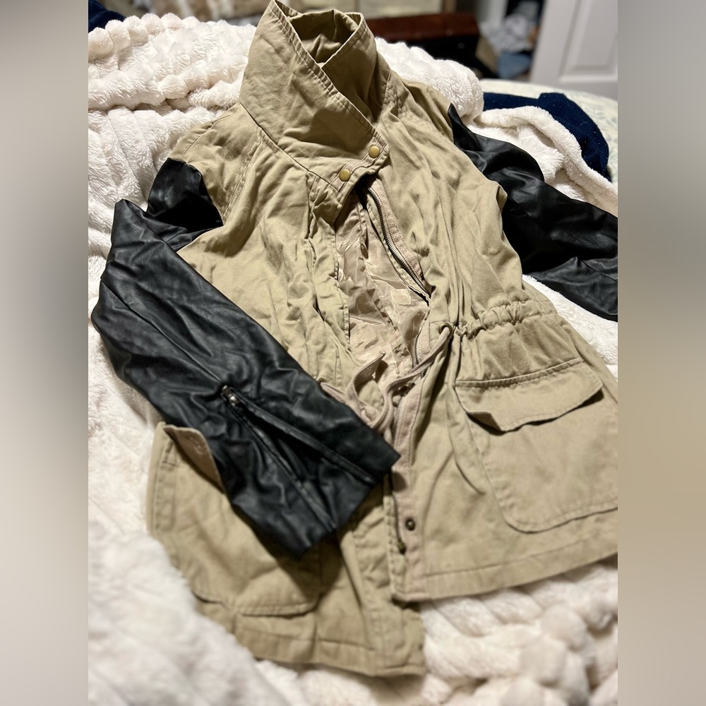 Khaki Leather Jacket with Cinch Waist
